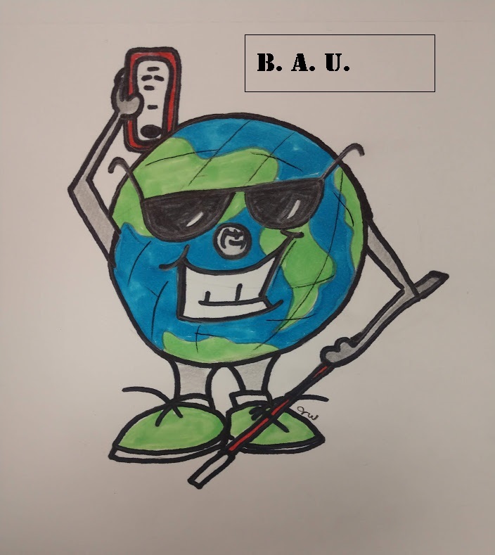The Blind Android Users Podcast Logo. The image depicts a world globe personified,with sunglasses and a smiling face. A white cane is held in one hand, while a smartphone is held high in the other.